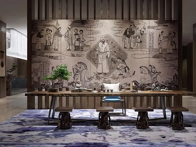 Elegant Traditional Tea Room Interior Design With Wooden Tea Table Chairs Mural And Carpet 3d model