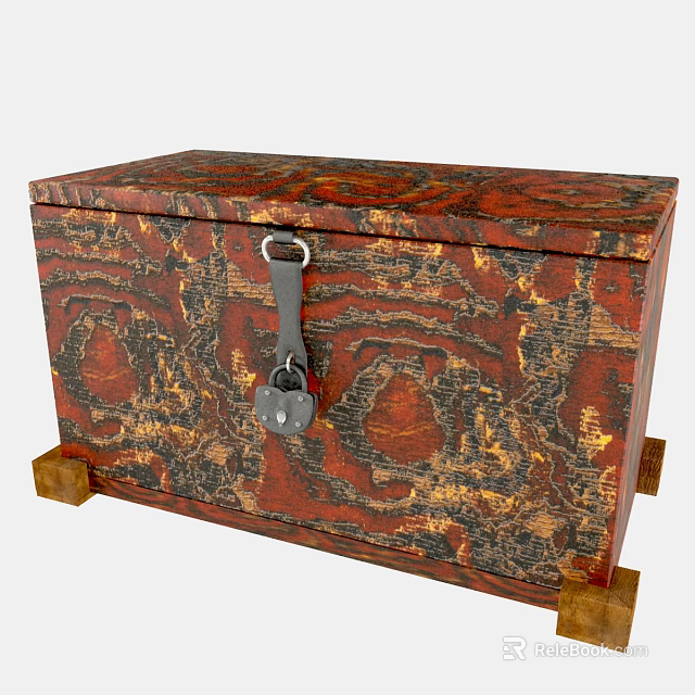 Vintage Wooden Chest With Unique Pattern Lock Clasp And Wooden Legs 3d model 