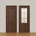 Two Brown Wooden Doors One Solid Panel And One With Glass Panels Against Light Wall 3d model