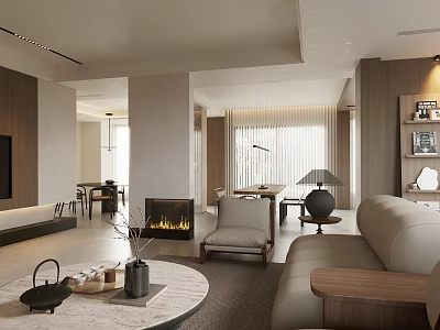 Modern Living and Dining Room Interior With Sofa Dining Table Fireplace and Decorative Items 3d model