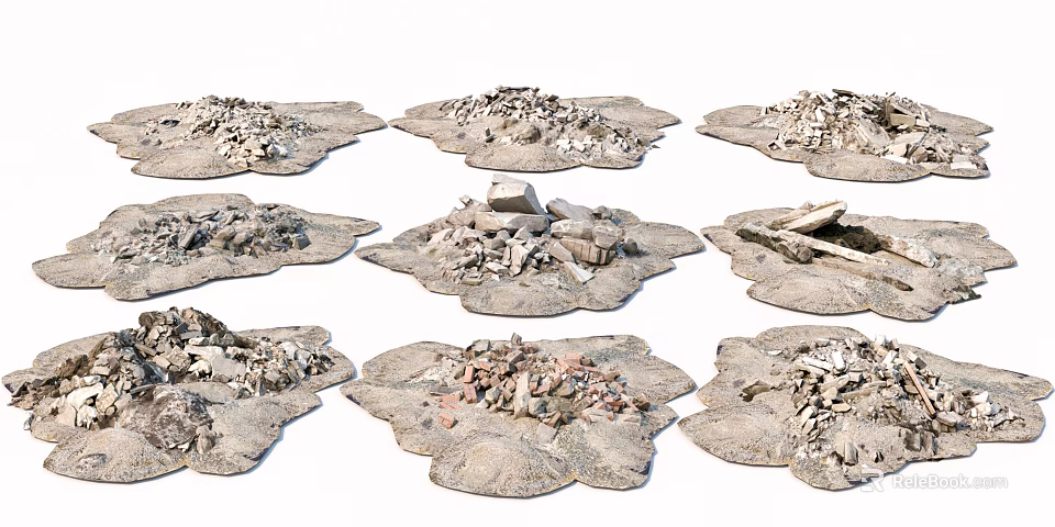 Diverse Construction Components With Rubble Bricks And Scattered Debris Piles 3d model