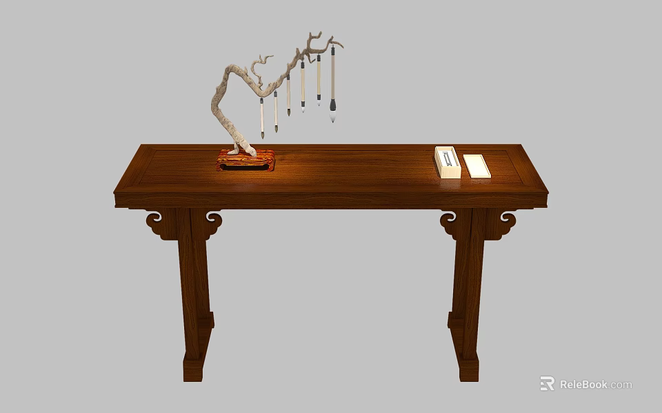 Chinese Style Wooden Table with Ornamental Branch Hanging Decorations and White Box Papers 3d model 