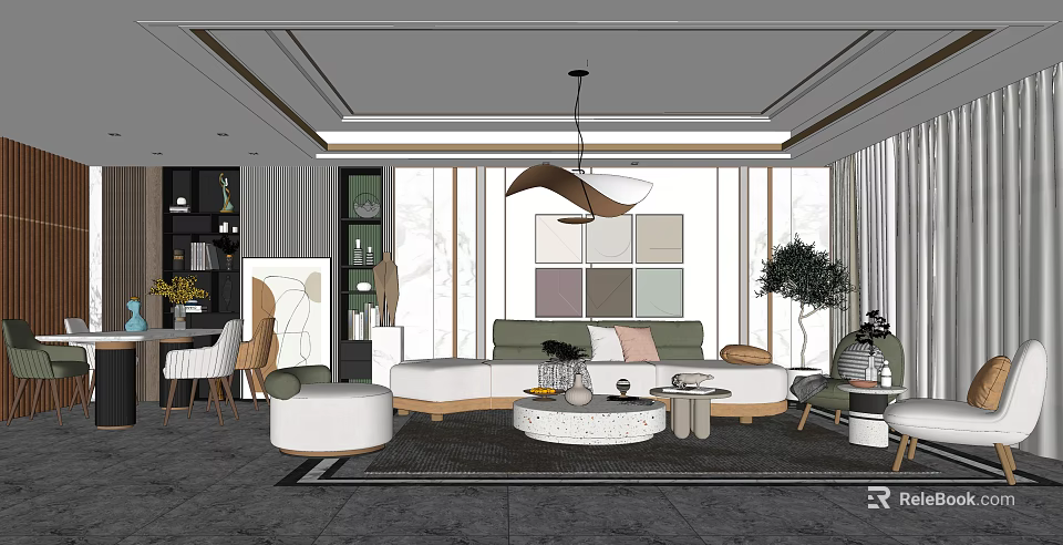 Modern Living and Dining Area Interior With Sofa Coffee Table And Pendant Light 3d model