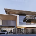 Modern Detached Villa With Two Story Wood Glass Facade Large Windows Balcony And Landscaped Garden