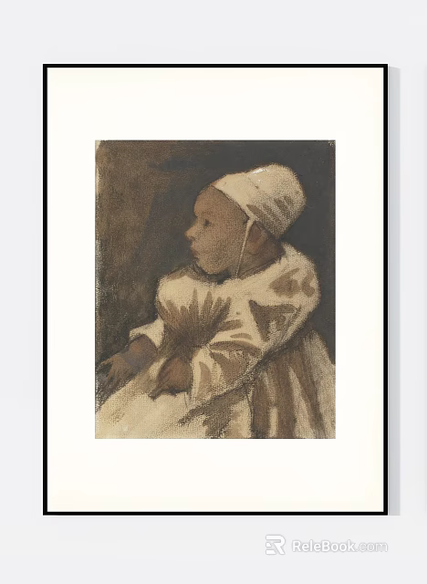 Baby Portrait Painting with White Bonnet and Patterned Dress in Classic Style 3d model 