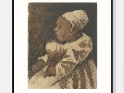 Baby Portrait Painting with White Bonnet and Patterned Dress in Classic Style 3d model
