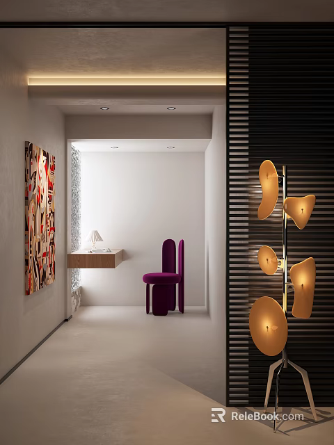 Unique Design Floor Lamp With Yellow Curved Panels In Modern Interior With Purple Chair 3d model 