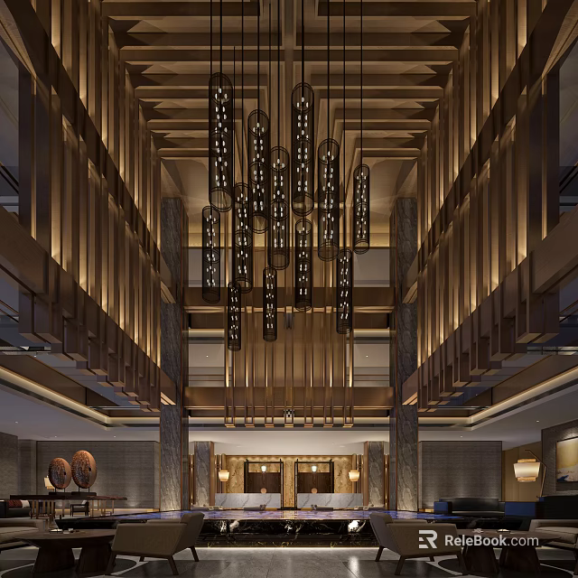 Luxurious Hotel Lobby Interior With Decorative Chandeliers Wooden Ceiling Design And Marble Columns 3d model 