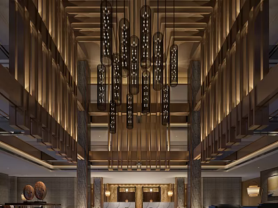 Luxurious Hotel Lobby Interior With Decorative Chandeliers Wooden Ceiling Design And Marble Columns 3d model