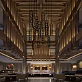 Luxurious Hotel Lobby Interior With Decorative Chandeliers Wooden Ceiling Design And Marble Columns