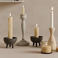Candle Holders with Lit Candles Various Ceramic Wooden Designs Against Neutral Wall and Shelves