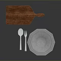 Essential Kitchen Utensils Set with Wooden Cutting Board Spoon Fork and White Bowls Plates