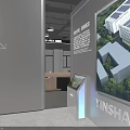 Modern Service Hall Interior With Spacious Layout Gray Walls Large Screen And Reception Counter
