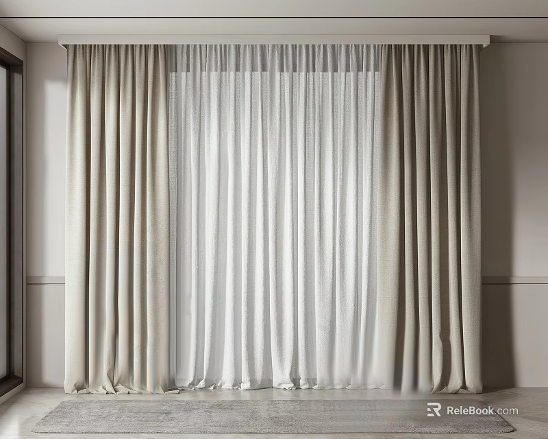 Elegant Layered Curtains with Sheer Panels in Modern Neutral Room 3d model 