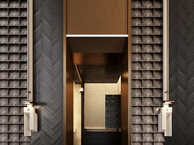 Elegant Modern Hotel Corridor Interior Design With Herringbone Pattern Walls And Luxury Lighting Fixtures 3d model