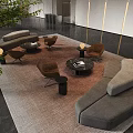 Modern Hotel Public Lounge With Gray Sofa Orange Chairs Round Coffee Tables And Green Plant