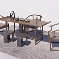 Modern Chinese Style Tea Table And Chairs With Stools Tea Set And Carpet 3d model