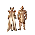 Two Armor Models in Golden and Silver Ornate Armor with Decorative Plates and Cloak