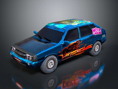 Blue Sedan Car With Flame Decals And Pokemon Graphics On Exterior 3d model