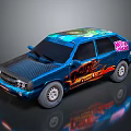 Blue Sedan Car With Flame Decals And Pokemon Graphics On Exterior