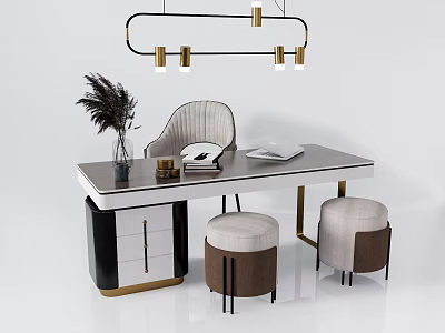 Modern Office Desk With Potted Plant Books Storage Box Chair And Hanging Lamp 3d model