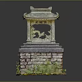 Traditional Chinese Pavilion With Intricate Carvings On Brick Stone Base And Green Plants