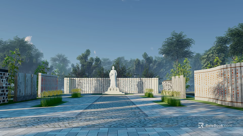 Memorial Site With White Statue Stone Walls And Landscaped Pathway Surrounded By Trees 3d model 