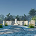 Memorial Site With White Statue Stone Walls And Landscaped Pathway Surrounded By Trees