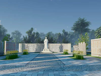 Memorial Site With White Statue Stone Walls And Landscaped Pathway Surrounded By Trees 3d model