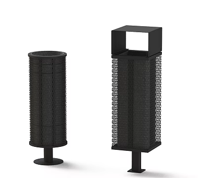 Modern Black Perforated Trash Bins Featuring Cylindrical And Square Top Designs 3d model