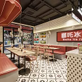Modern Bubble Tea Shop With Red Booths Black White Patterned Floor And Hanging Lights