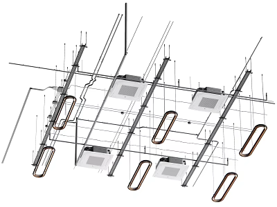 Modern Structural Ceiling Design With Hanging Pendant Lights And Metal Framework 3d model
