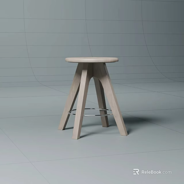 Modern Wooden Stool With Minimalist Design Three Legs And Metal Crossbar 3d model 