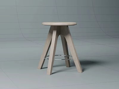 Modern Wooden Stool With Minimalist Design Three Legs And Metal Crossbar 3d model