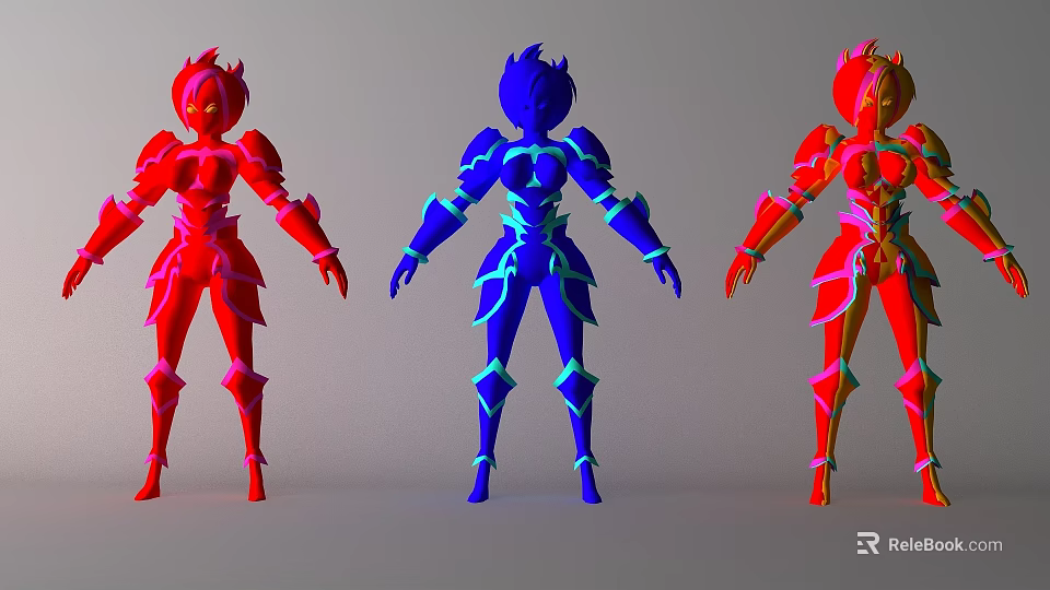 Three Colorful Game Movie Characters Featuring Glowing Armor And Standing Poses 3d model 