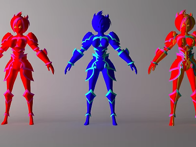 Three Colorful Game Movie Characters Featuring Glowing Armor And Standing Poses 3d model