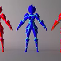 Three Colorful Game Movie Characters Featuring Glowing Armor And Standing Poses