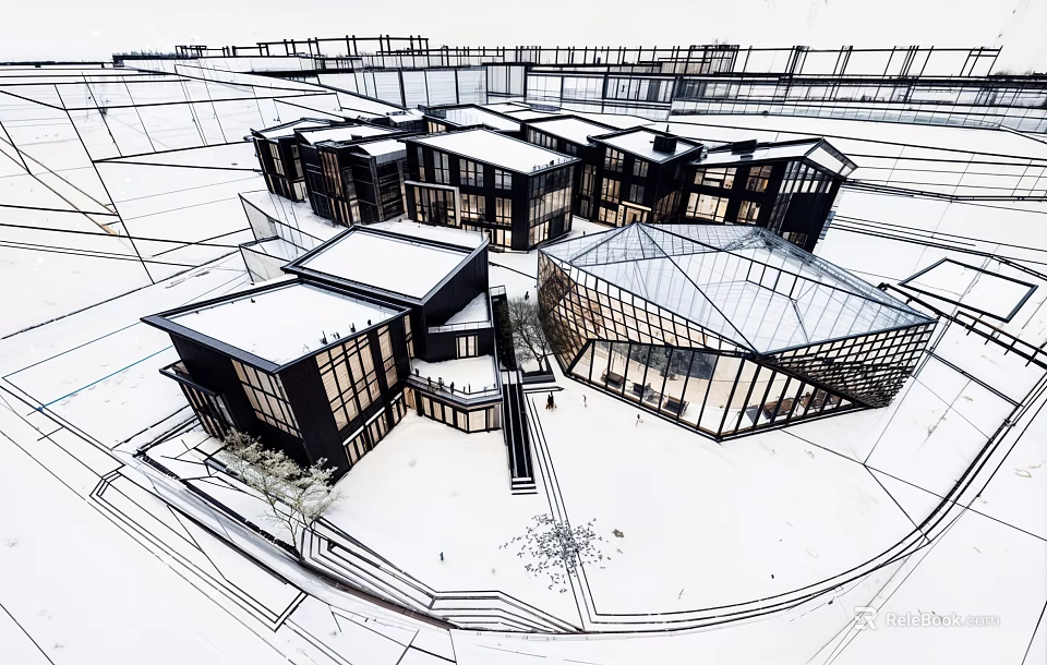 Modern Architectural Design Sketch Featuring Building Complex With Glass Roof And Snowy Ground 3d model 
