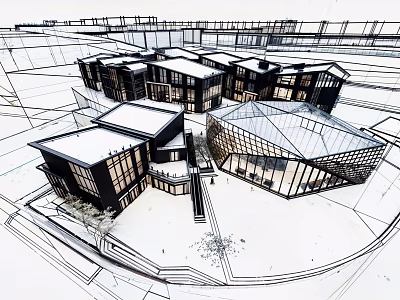 Modern Architectural Design Sketch Featuring Building Complex With Glass Roof And Snowy Ground 3d model