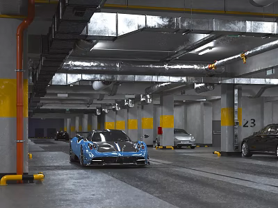 Modern Parking Garage With Blue Sports Car Multiple Vehicles Yellow Pillars And Ceiling Lights 3d model