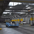 Modern Parking Garage With Blue Sports Car Multiple Vehicles Yellow Pillars And Ceiling Lights