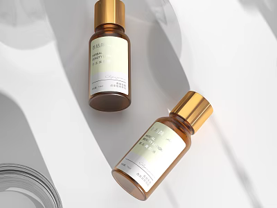Luxury Perfume Cosmetic Bottles With Golden Caps And White Labels On Minimalist White Background 3d model