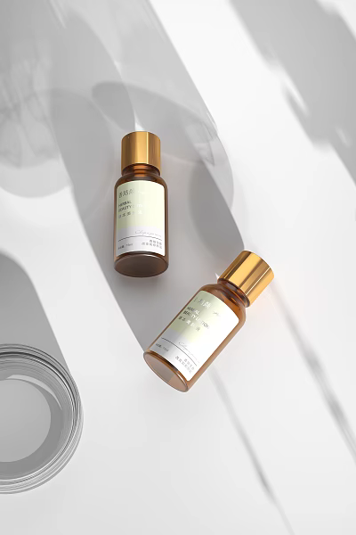 Luxury Perfume Cosmetic Bottles With Golden Caps And White Labels On Minimalist White Background 3d model