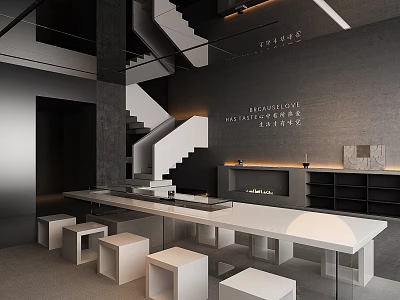 Modern Teahouse Healing Through Tea With White Long Table Stools Staircase And Fireplace 3d model