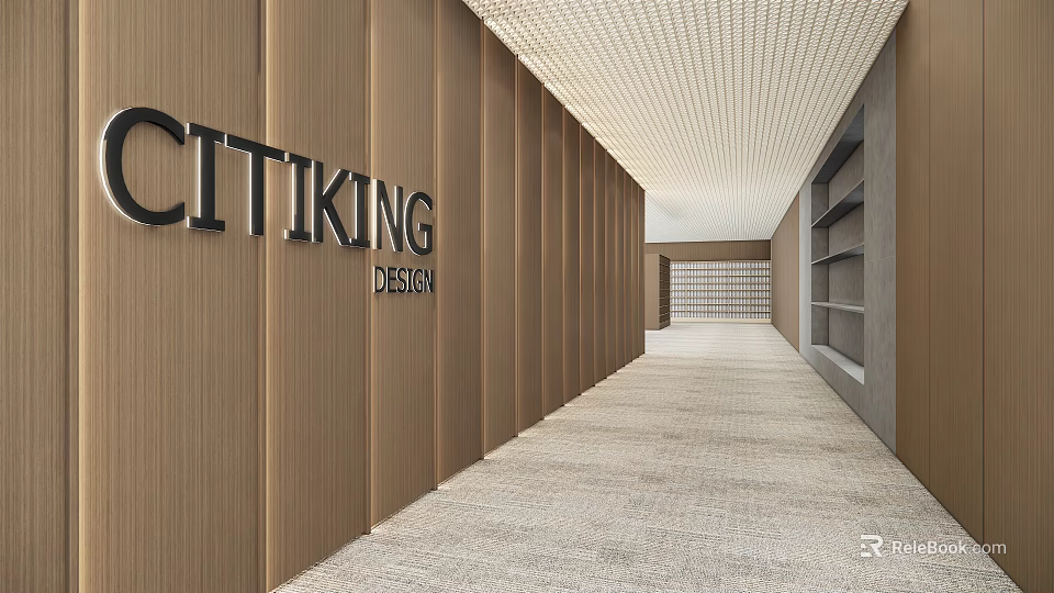Office Corridor Featuring Wooden Walls CITIKING DESIGN Signage Gray Carpet Grid Ceiling And Right Bookshelves 3d model 