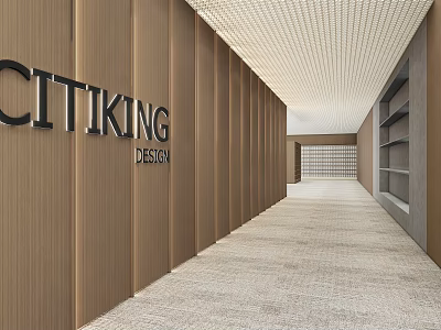 Office Corridor Featuring Wooden Walls CITIKING DESIGN Signage Gray Carpet Grid Ceiling And Right Bookshelves 3d model