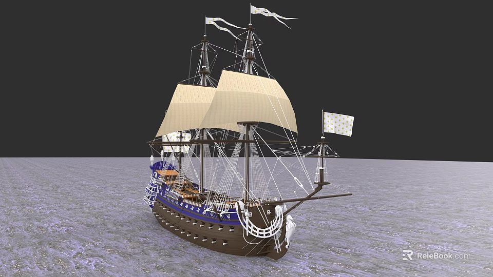 Vintage Sailing Ship with White Sails Blue Brown Hull and Flags on Water 3d model 