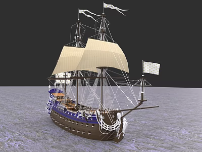 Vintage Sailing Ship with White Sails Blue Brown Hull and Flags on Water 3d model
