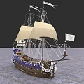 Vintage Sailing Ship with White Sails Blue Brown Hull and Flags on Water