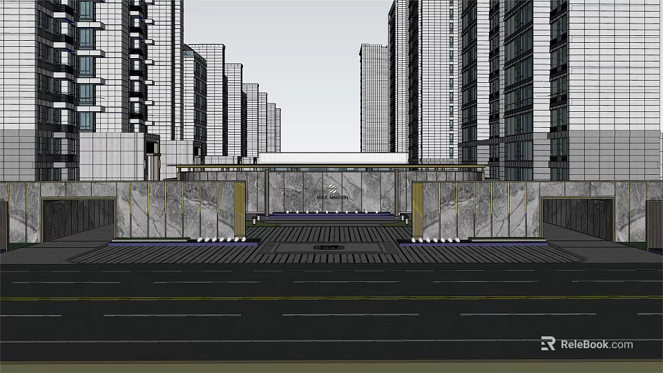 Modern Entrance Gate With Stone Clad Design Amidst Tall Urban Buildings 3d model 